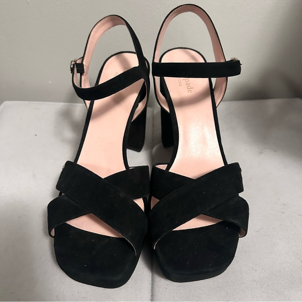 Kate Spade Delphi Faux Suede Platform Open Toe Sandal Heels Black Women 11 - Picture 3 of 7